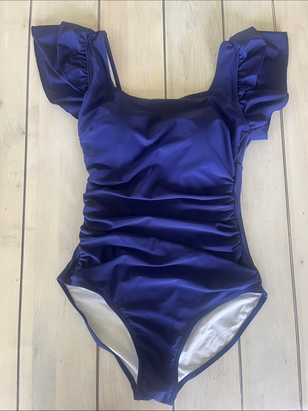 NWOT EoMenie Navy Ruffle One-Piece Ruched Swimsuit - Picture 4 of 12